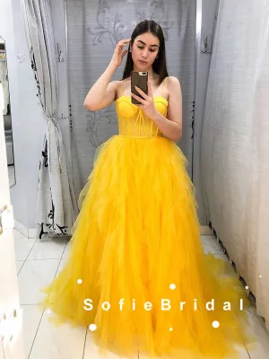 A-Line Sweetheart Spaghetti Straps Yellow Tulle Long Prom Dresses Online,SFPD0072