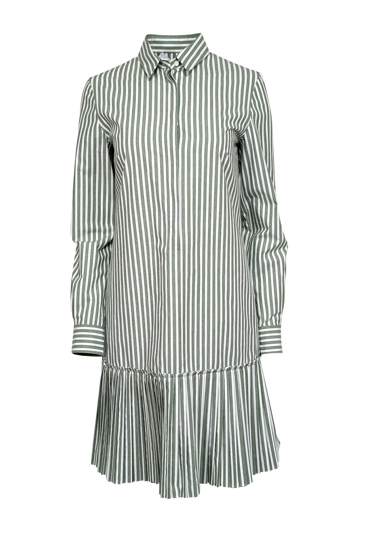 Akris Punto - Olive Green & White Striped Shirtdress w/ Pleated Hem Sz 6