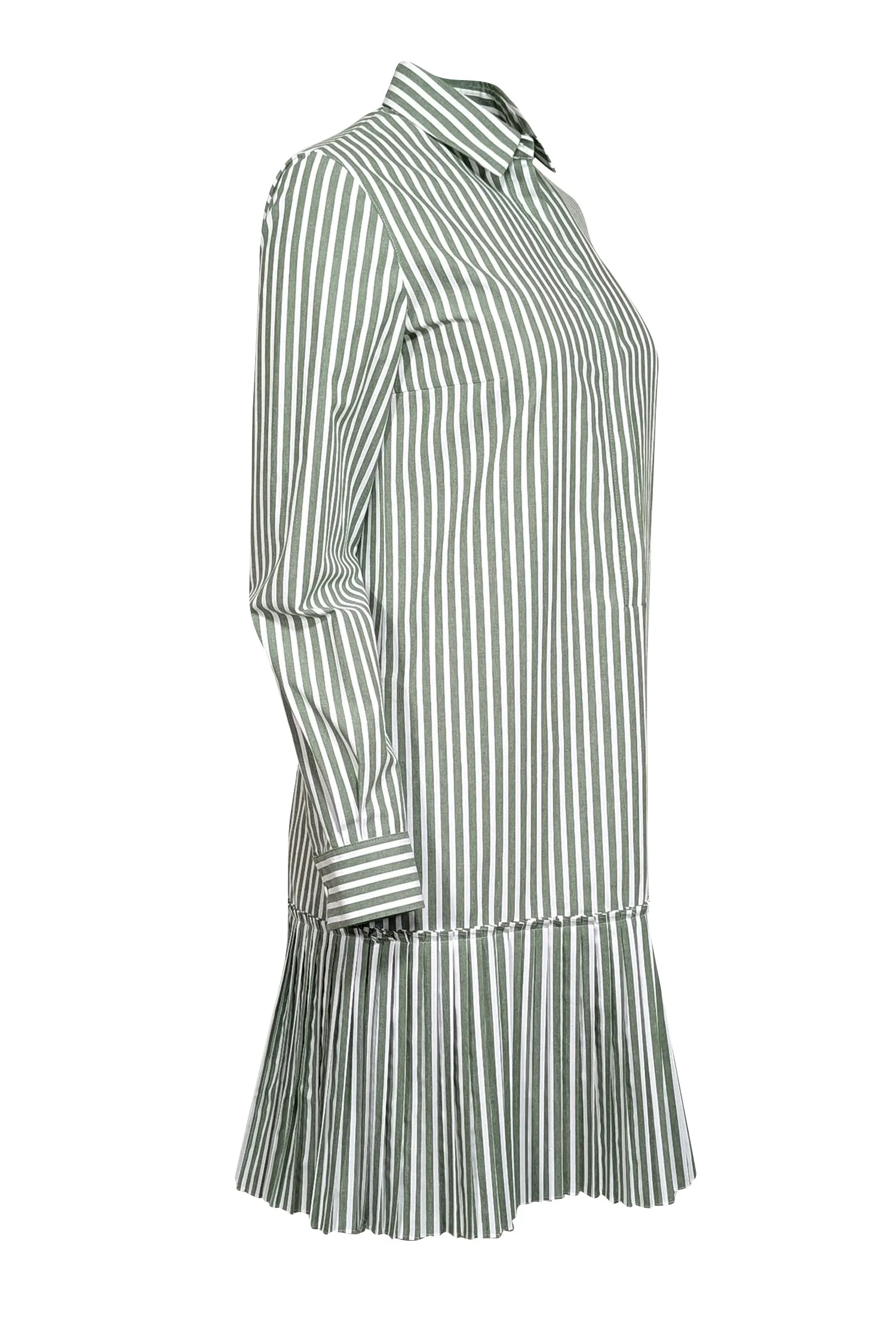 Akris Punto - Olive Green & White Striped Shirtdress w/ Pleated Hem Sz 6