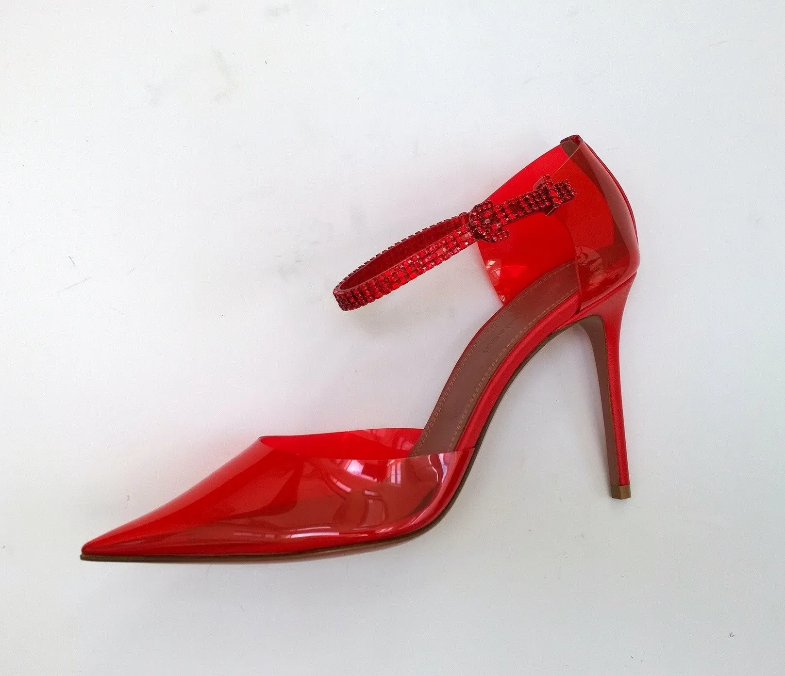 Amina Muaddi Ursina Glass Pumps in Red PVC Rhinestone Ankle Bracelet Heels