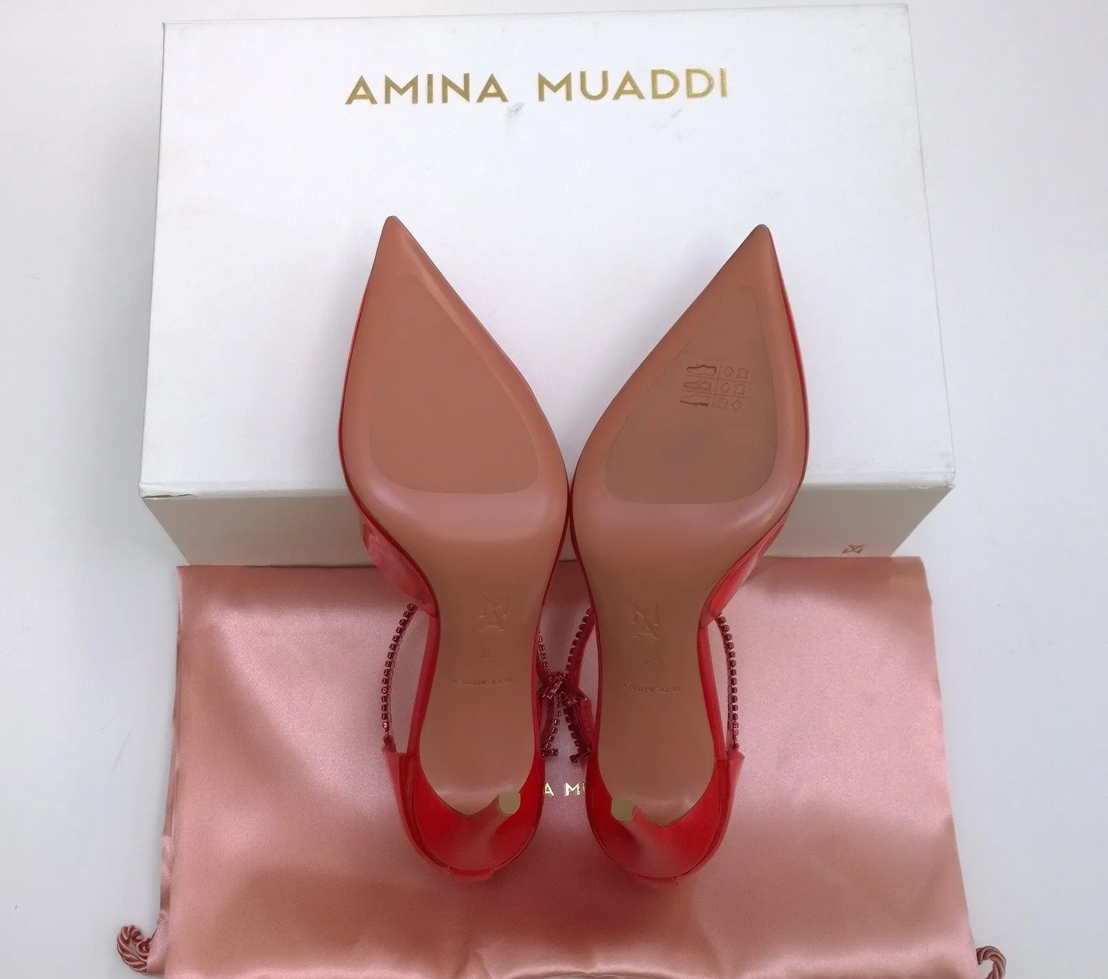 Amina Muaddi Ursina Glass Pumps in Red PVC Rhinestone Ankle Bracelet Heels