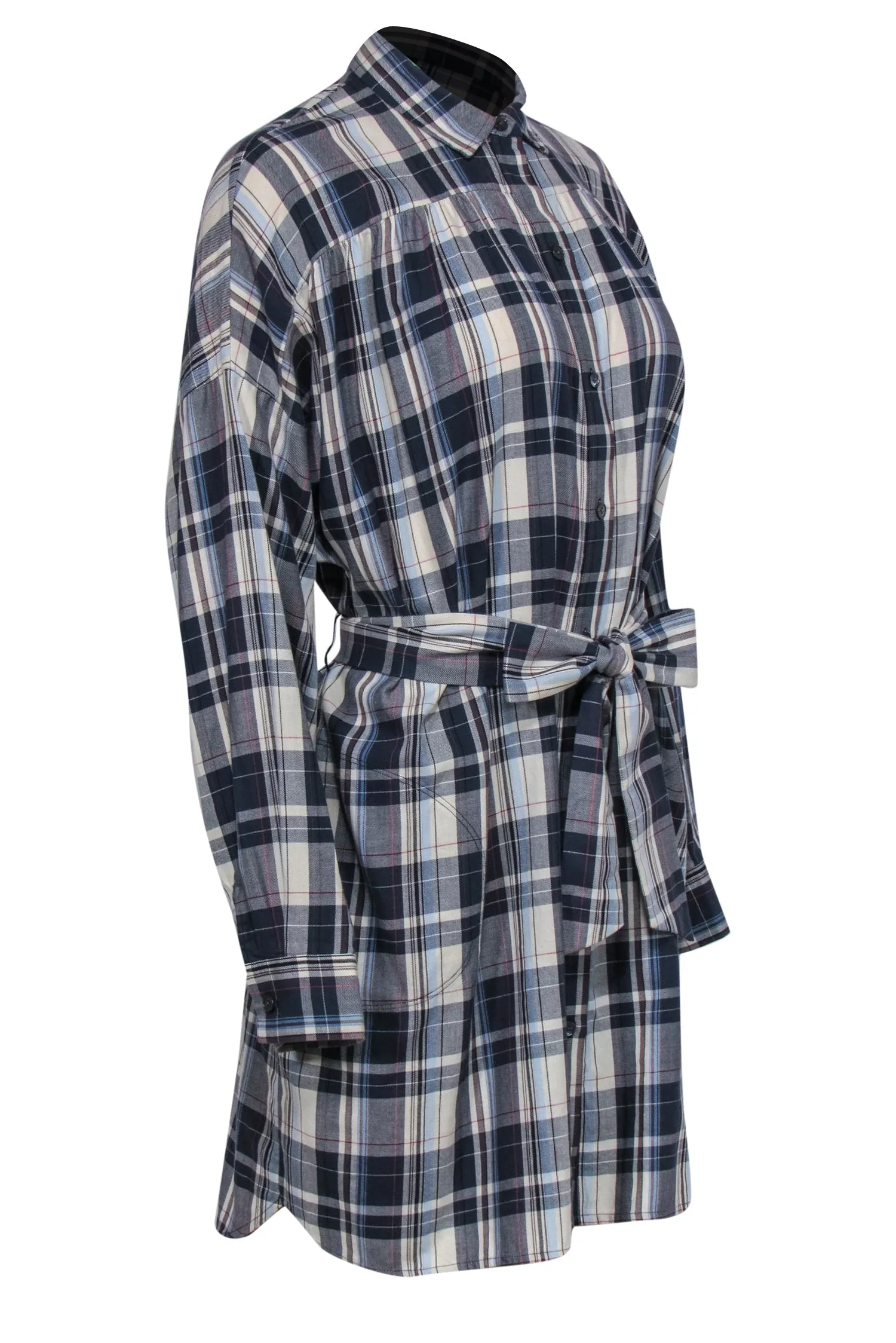 ATM - Navy & Ivory Long Sleeve Flannel Dress w/ Belt Sz M