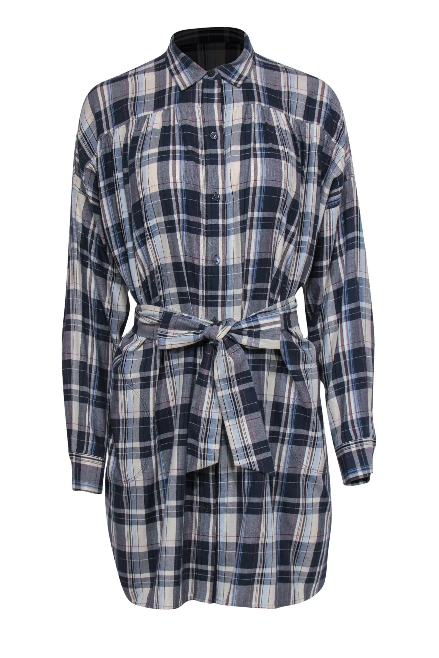 ATM - Navy & Ivory Long Sleeve Flannel Dress w/ Belt Sz M