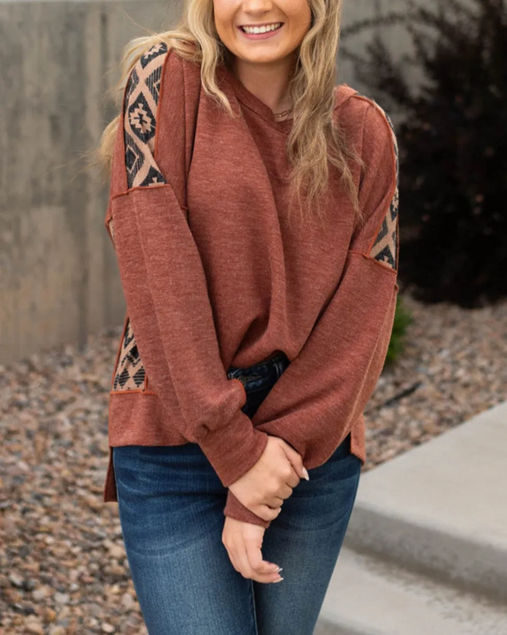 Aztec Reverse Seam Long Sleeve Top