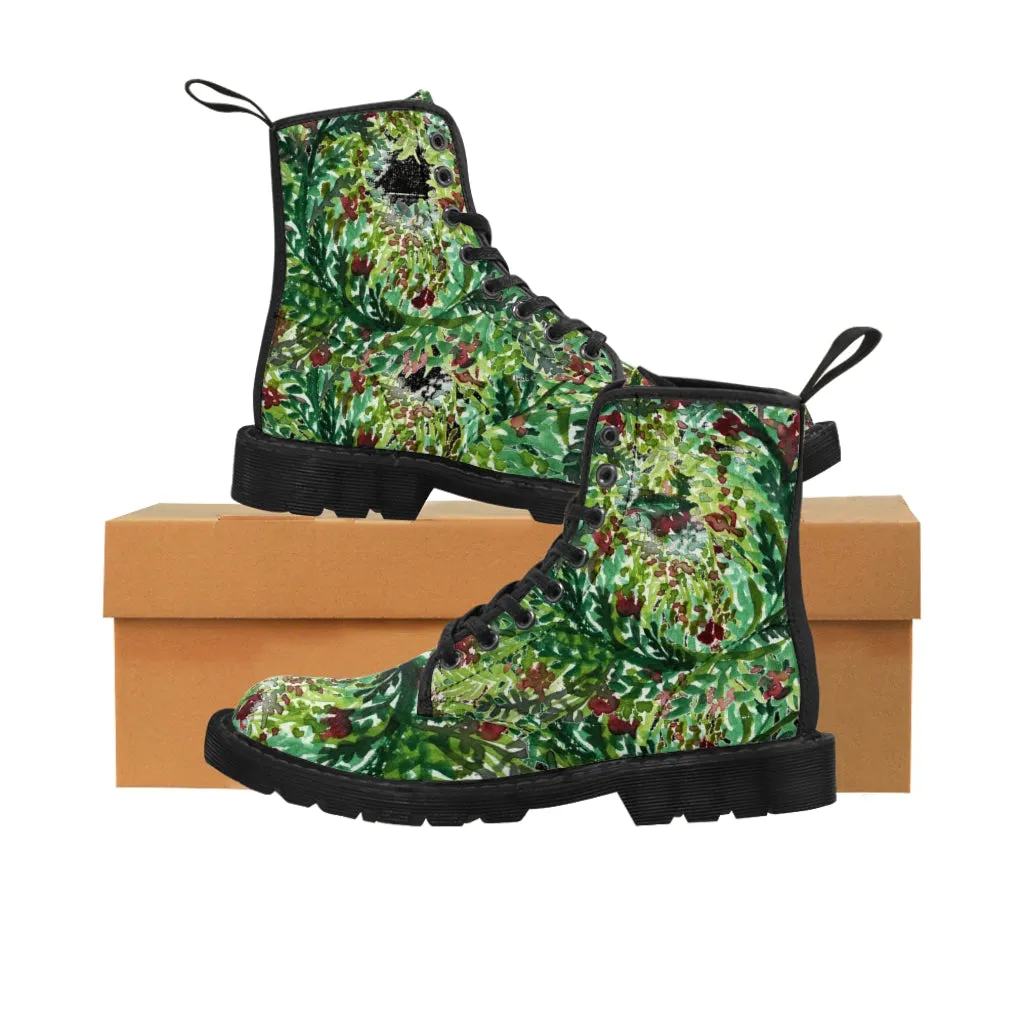 Black Green Floral Women's Boots, Flower Stylish Rose Hiking Combat Boots For Women