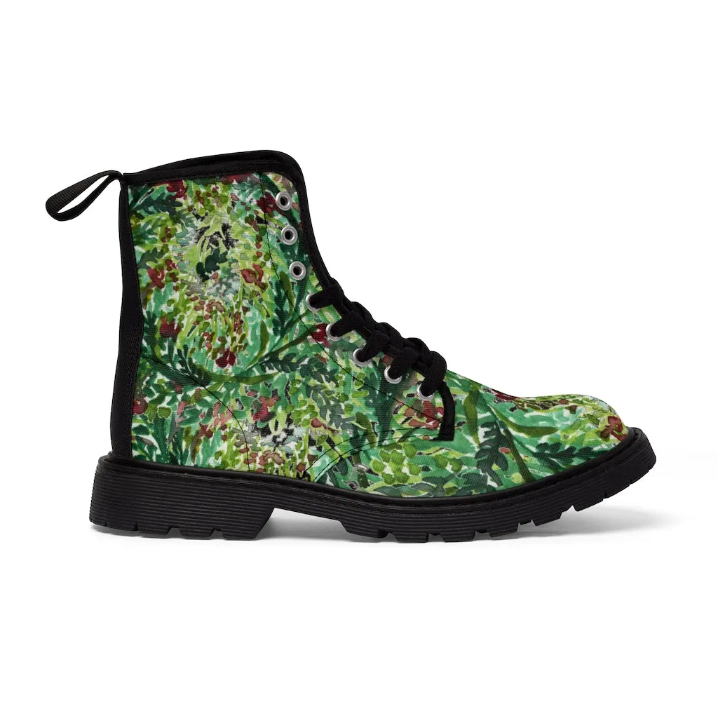 Black Green Floral Women's Boots, Flower Stylish Rose Hiking Combat Boots For Women