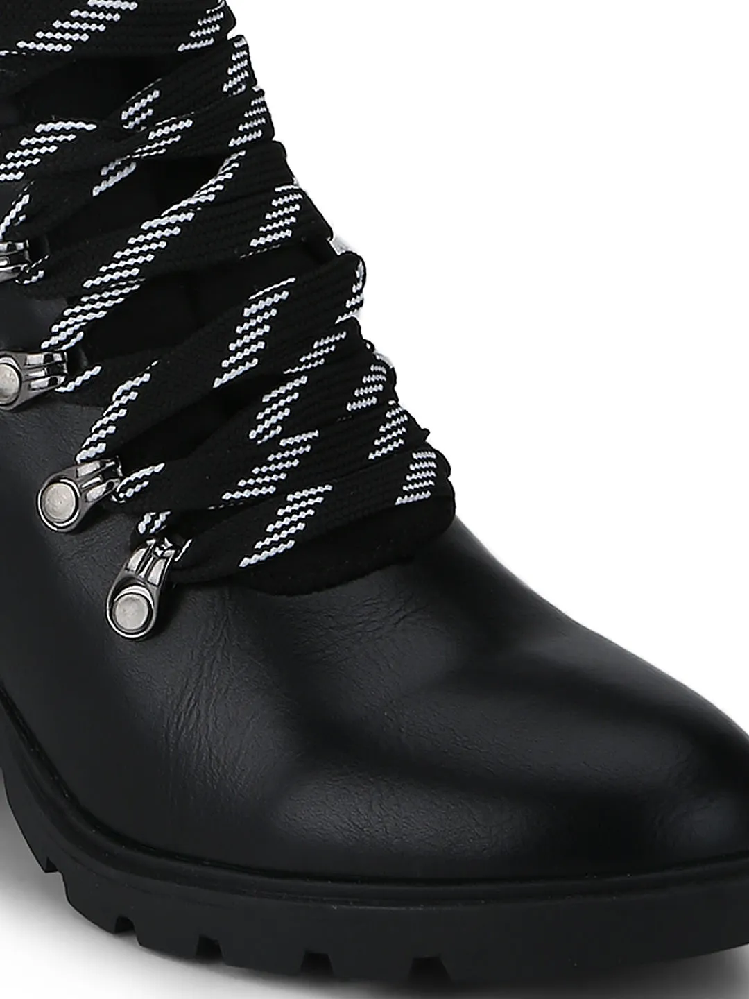 Black PU Lace-Up Block Heel Biker Ankle Length Boots