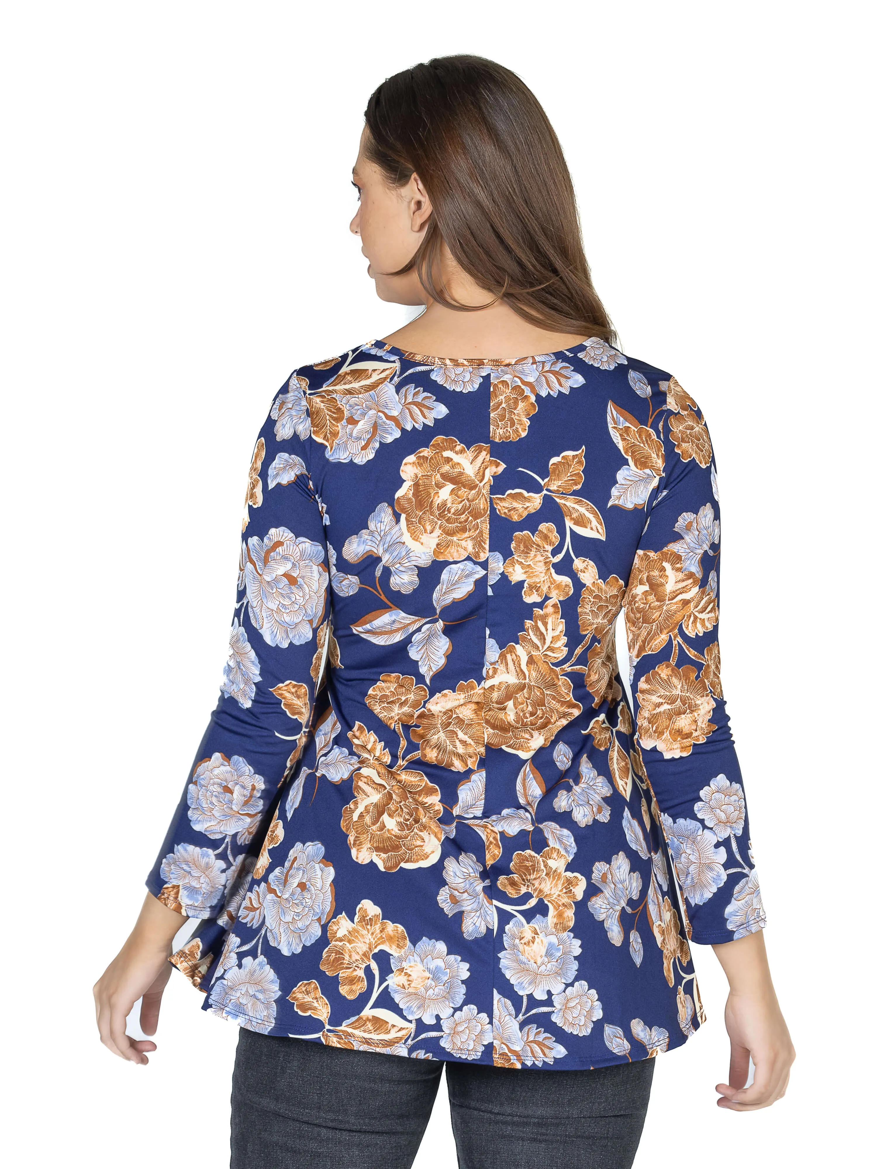 Blue Floral Long Sleeve V Neck Tunic Top