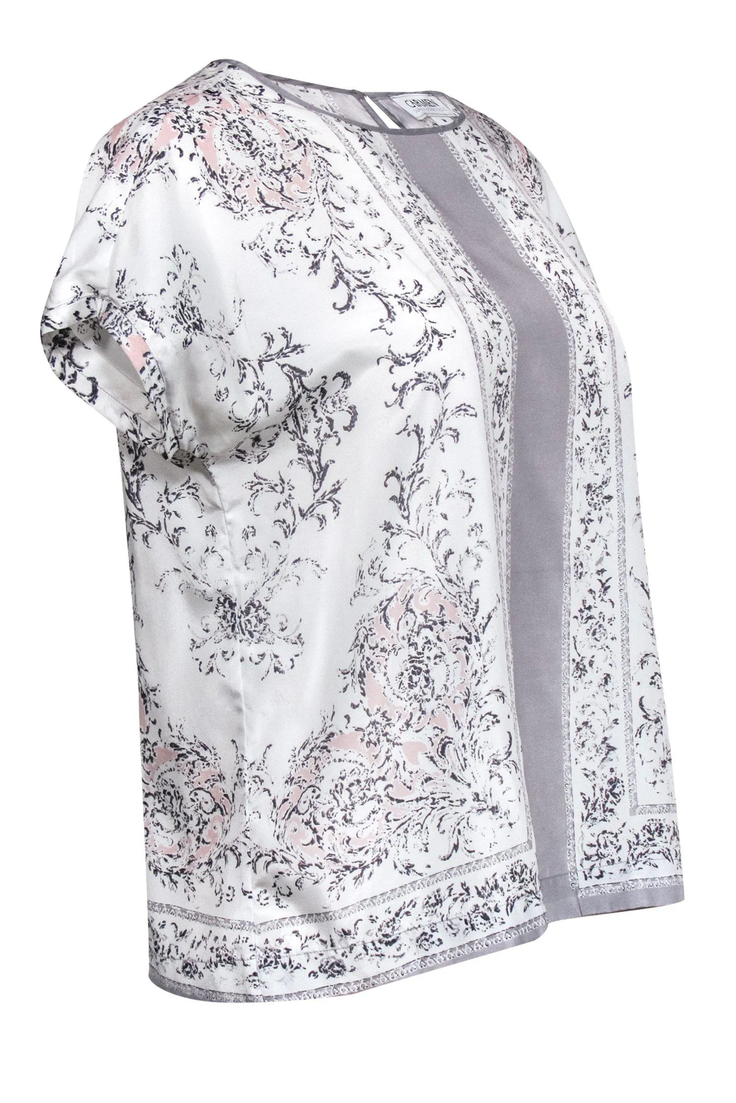 Carmen Carmen Marc Valvo - White, Pink & Grey Printed Blouse Sz M