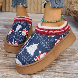 Cartoon Christmas Print Slip On Plush Lined Ankle Boots