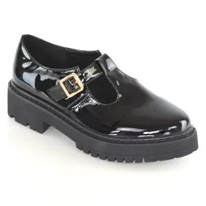 CLARABELLA BUCKLE T-STRAP DETAIL FLAT CHUNKY SOLE BROGUES IN BLACK PATENT