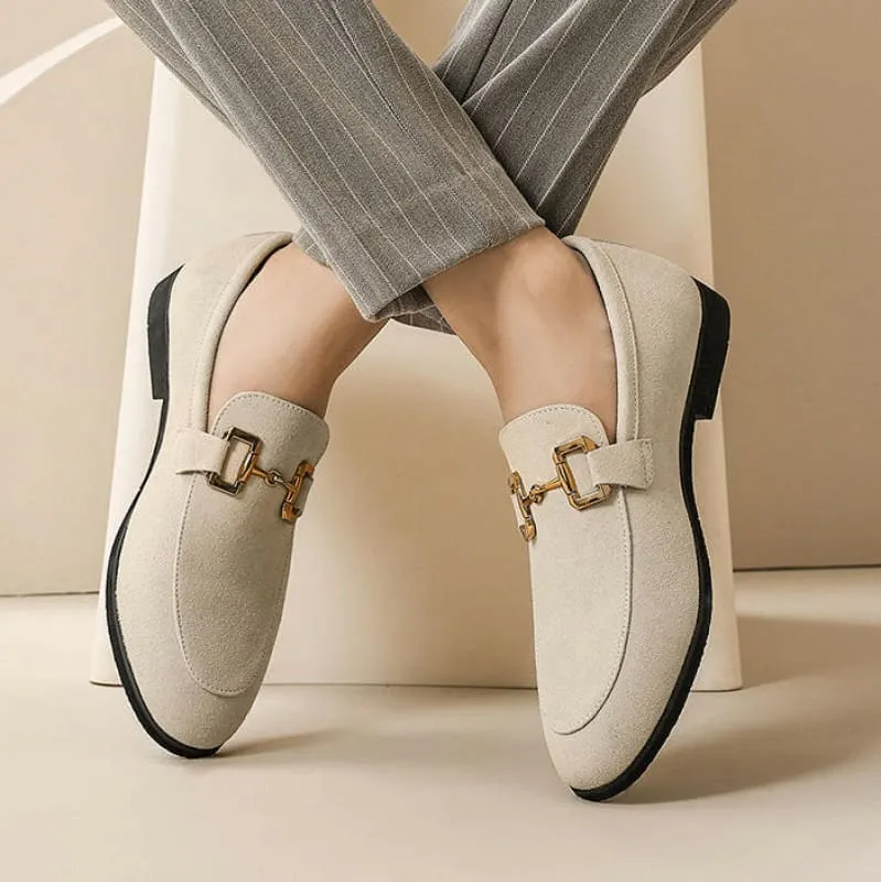 Cream Suede Leather Loafers with Gold Buckle for Casual Driving