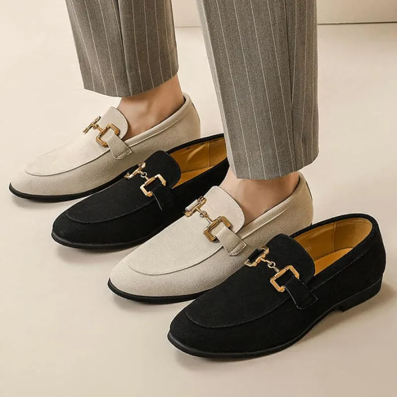 Cream Suede Leather Loafers with Gold Buckle for Casual Driving