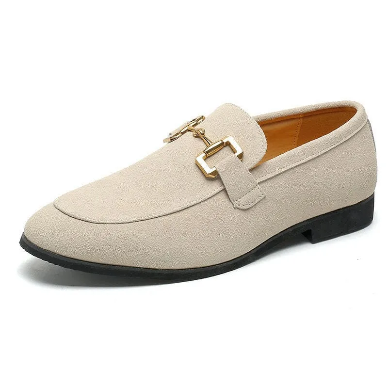 Cream Suede Leather Loafers with Gold Buckle for Casual Driving