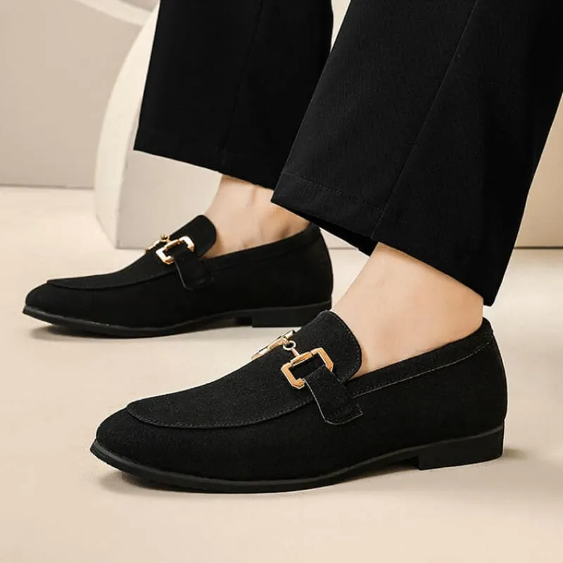 Cream Suede Leather Loafers with Gold Buckle for Casual Driving