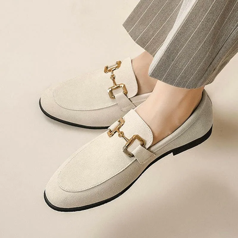 Cream Suede Leather Loafers with Gold Buckle for Casual Driving