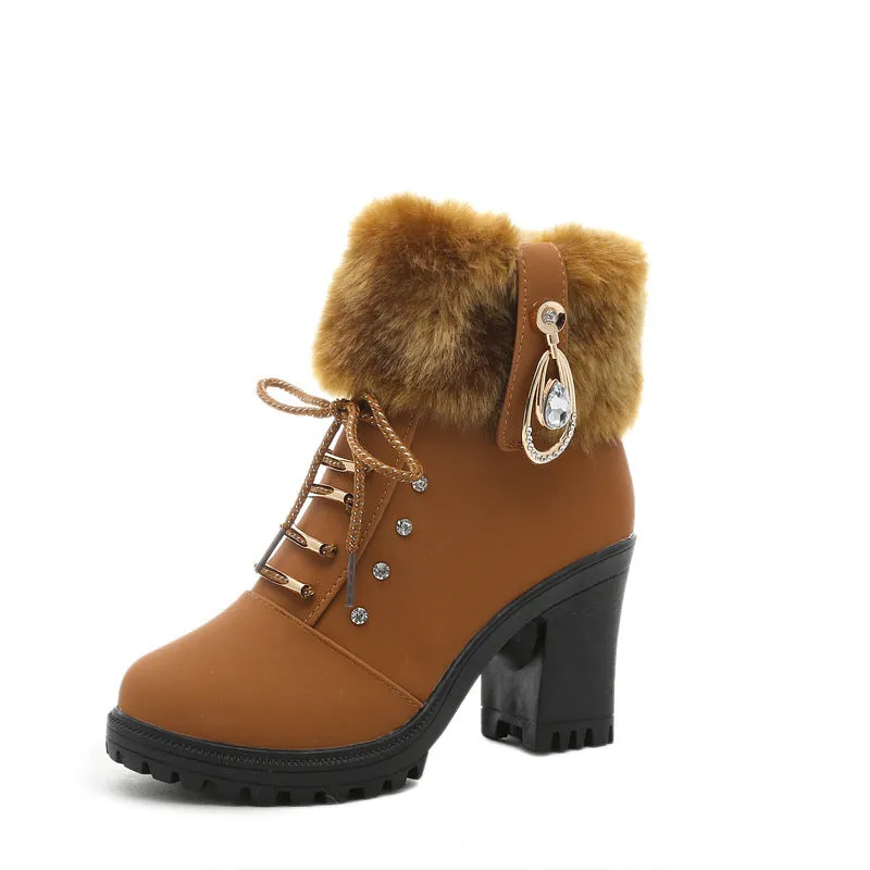 Cute Lace Up Chunky Heel Warm Short Boots