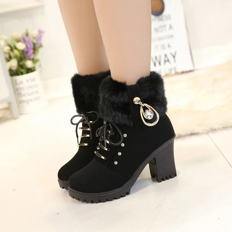 Cute Lace Up Chunky Heel Warm Short Boots