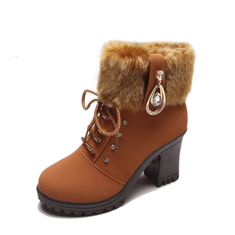 Cute Lace Up Chunky Heel Warm Short Boots