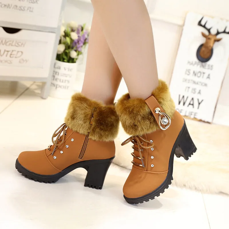 Cute Lace Up Chunky Heel Warm Short Boots