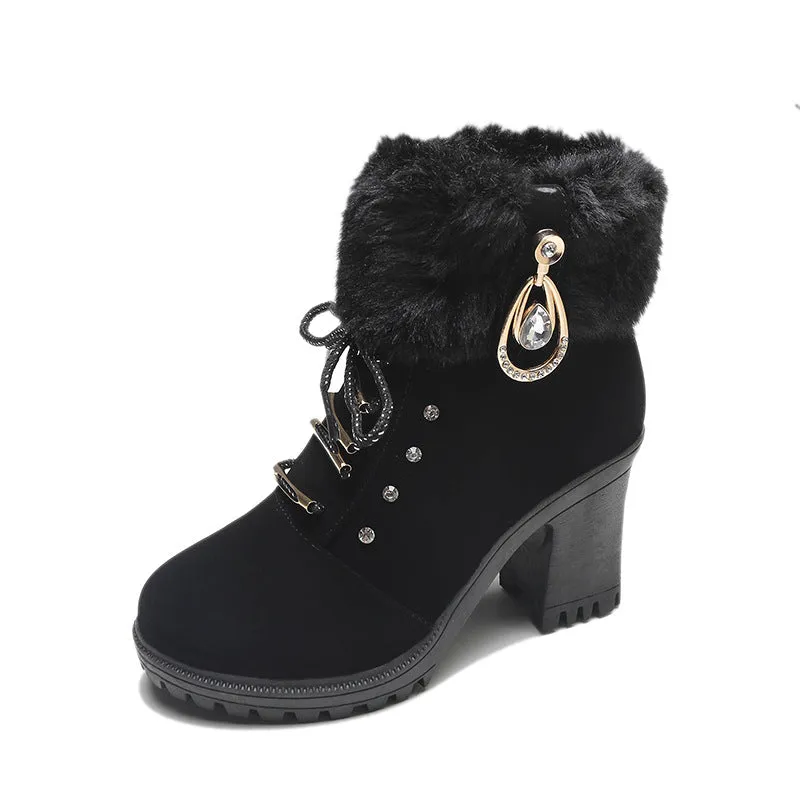 Cute Lace Up Chunky Heel Warm Short Boots