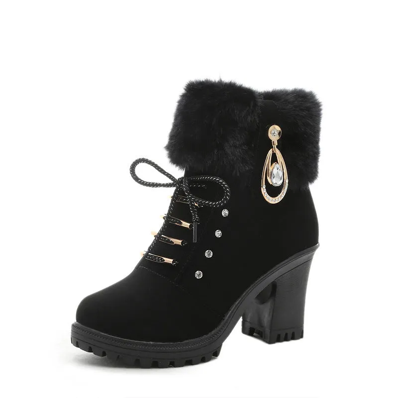 Cute Lace Up Chunky Heel Warm Short Boots