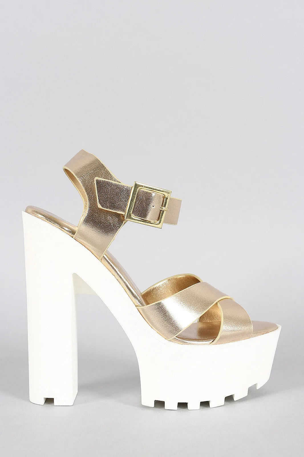 Dollhouse Metallic Cross Straps Platform Heel