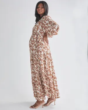 Elise Maternity Wrap Dress Nude Floral Print in White