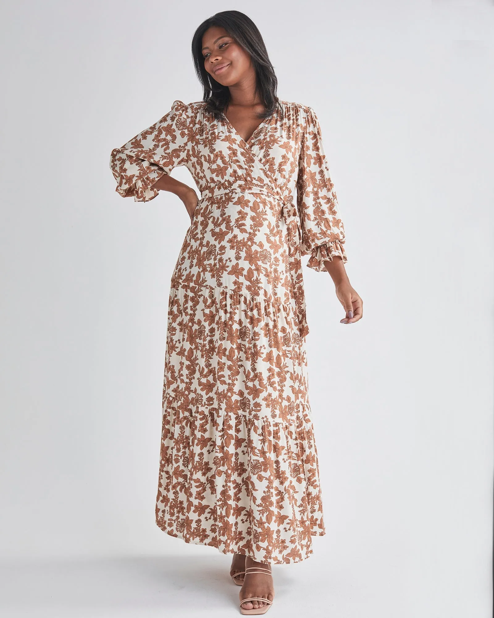 Elise Maternity Wrap Dress Nude Floral Print in White