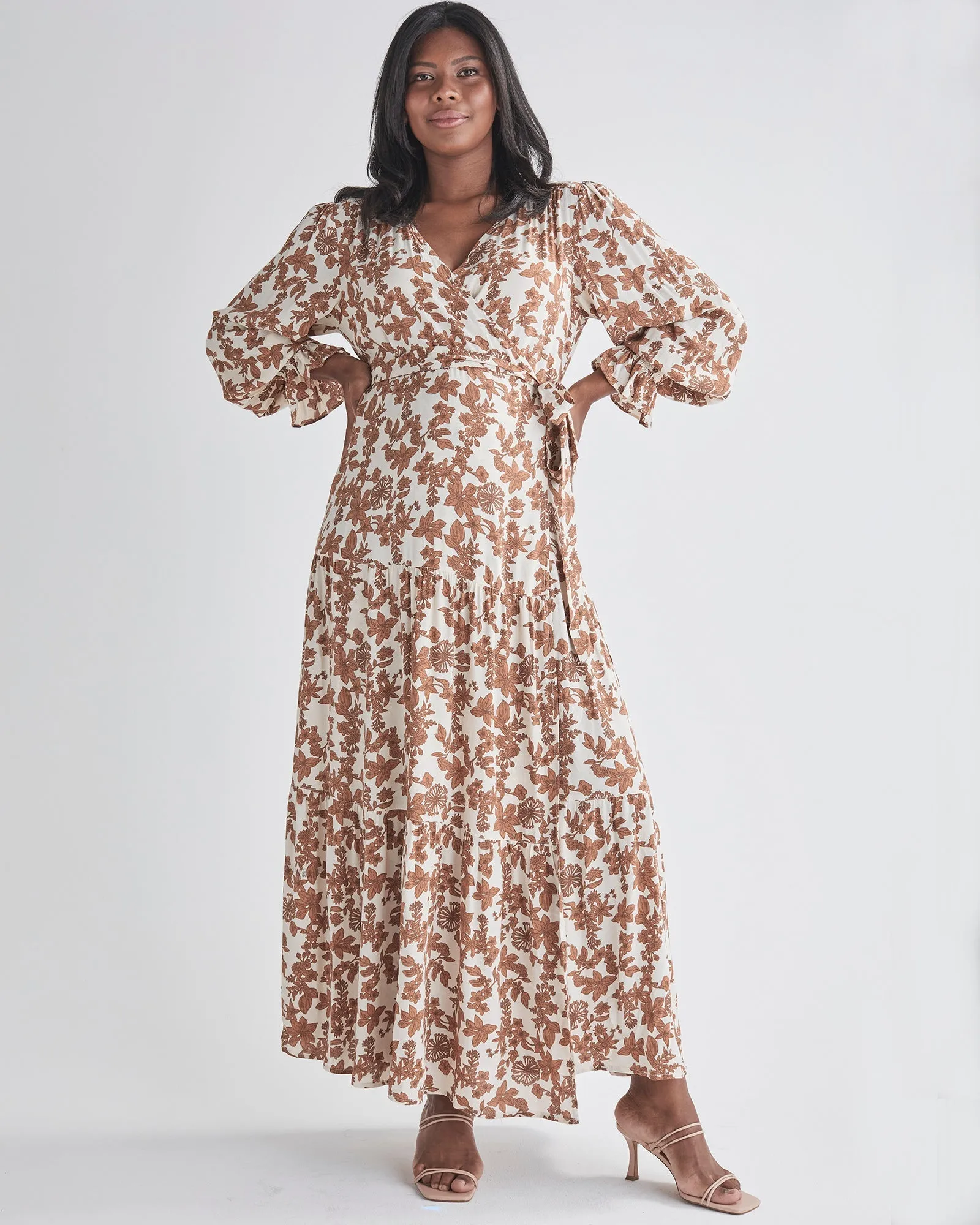 Elise Maternity Wrap Dress Nude Floral Print in White