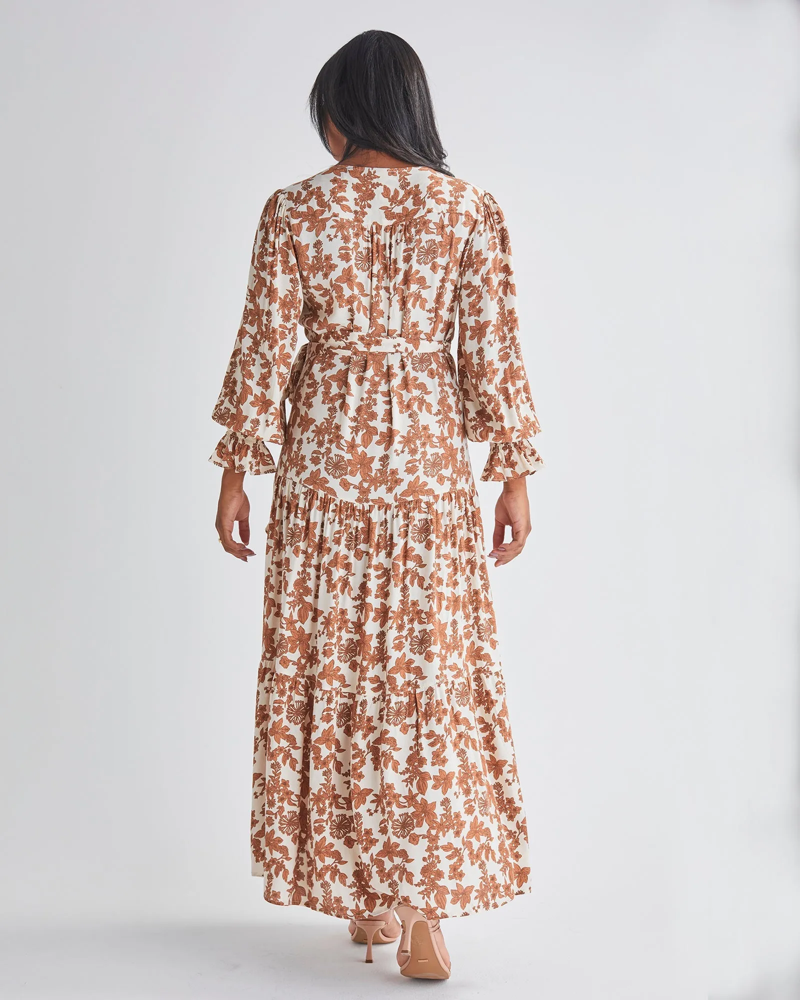 Elise Maternity Wrap Dress Nude Floral Print in White