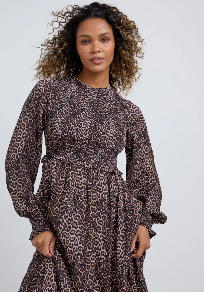 Elsie Shirred Bodice Big Cat Print Midi Dress In Brown