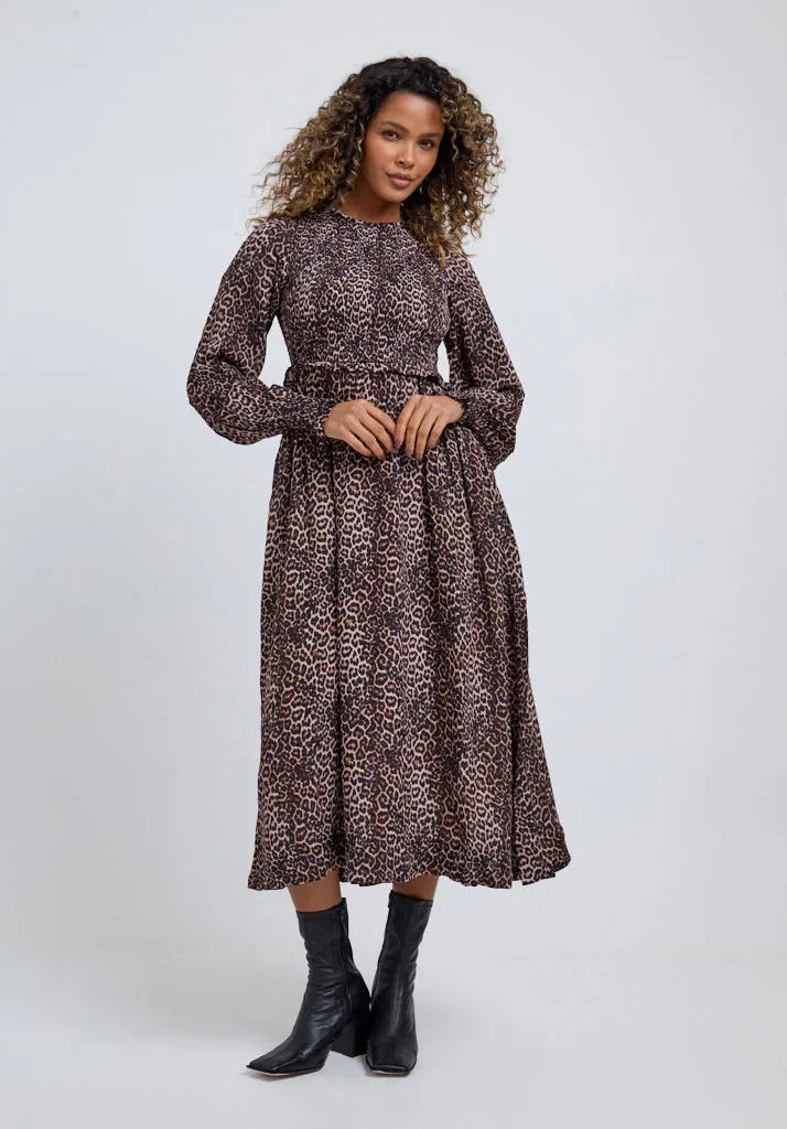 Elsie Shirred Bodice Big Cat Print Midi Dress In Brown