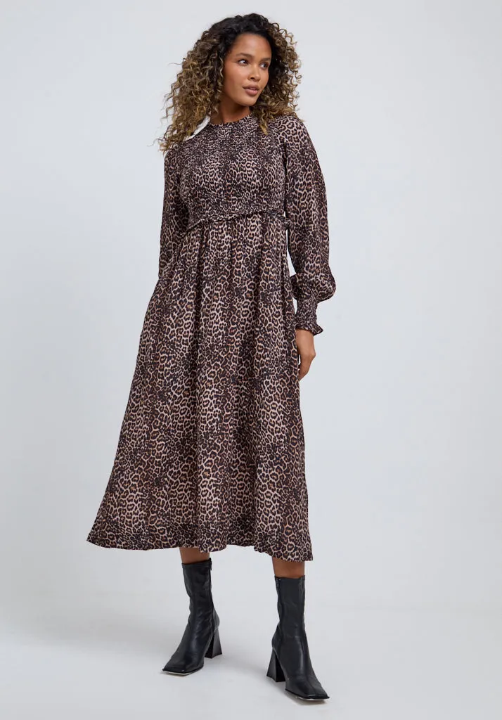 Elsie Shirred Bodice Big Cat Print Midi Dress In Brown