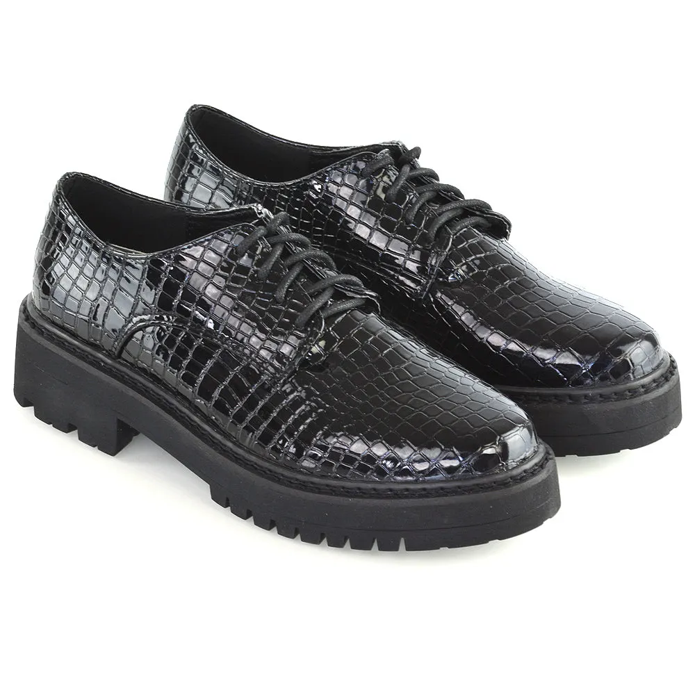 Emilia Lace up Flats Chunky Sole Low Platform Block Heel Brogues in Black Croc