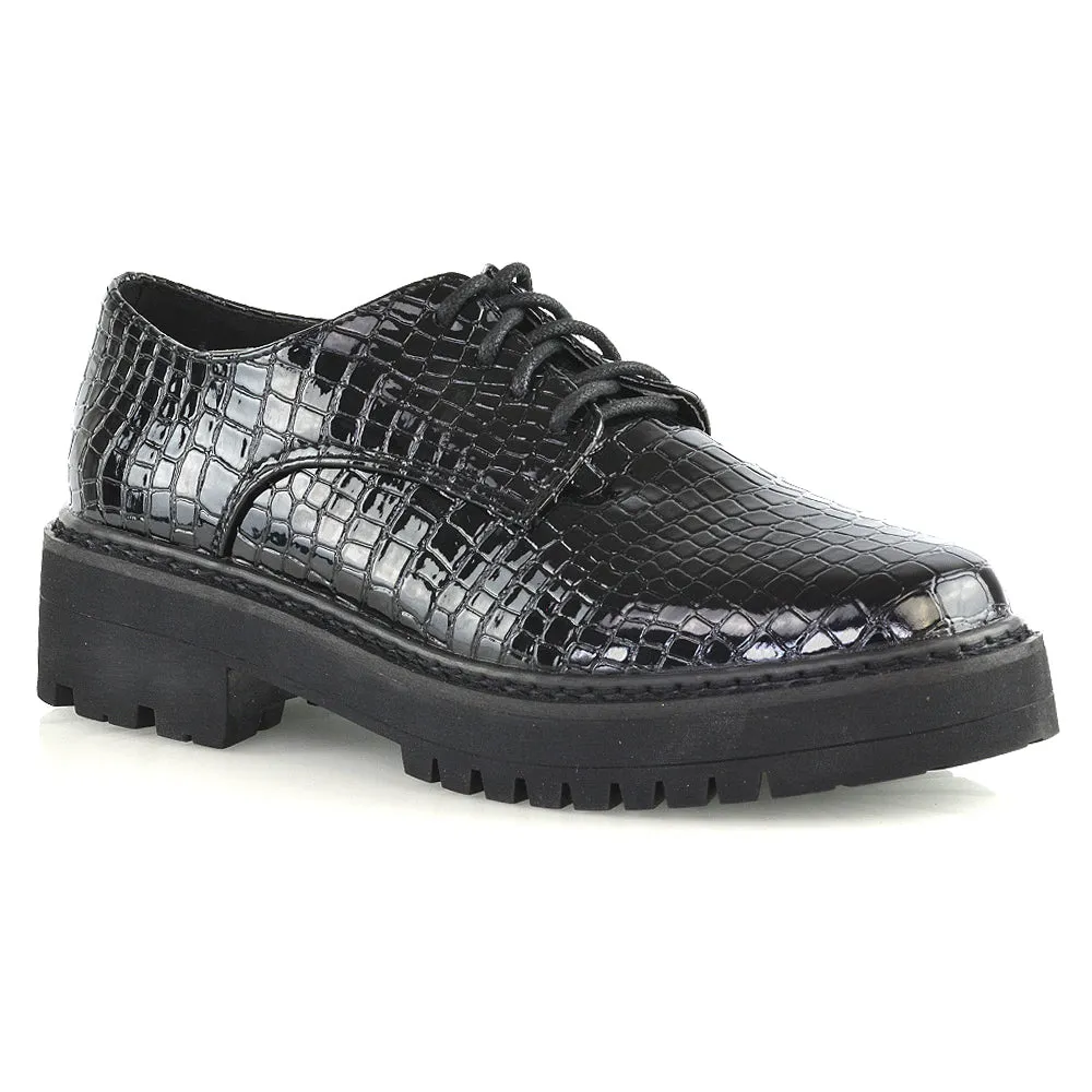 Emilia Lace up Flats Chunky Sole Low Platform Block Heel Brogues in Black Croc