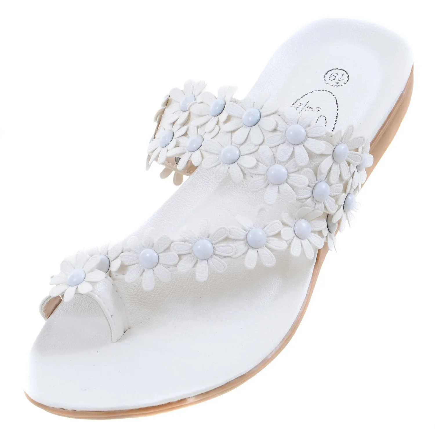 Flowers Toe-ring Wedge Slide White Womens Vegan Leather Sandal