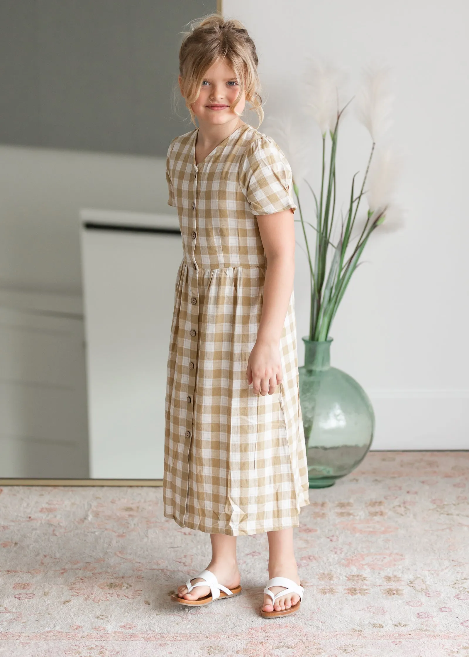 Girls Mustard Gingham Midi Dress - FINAL SALE