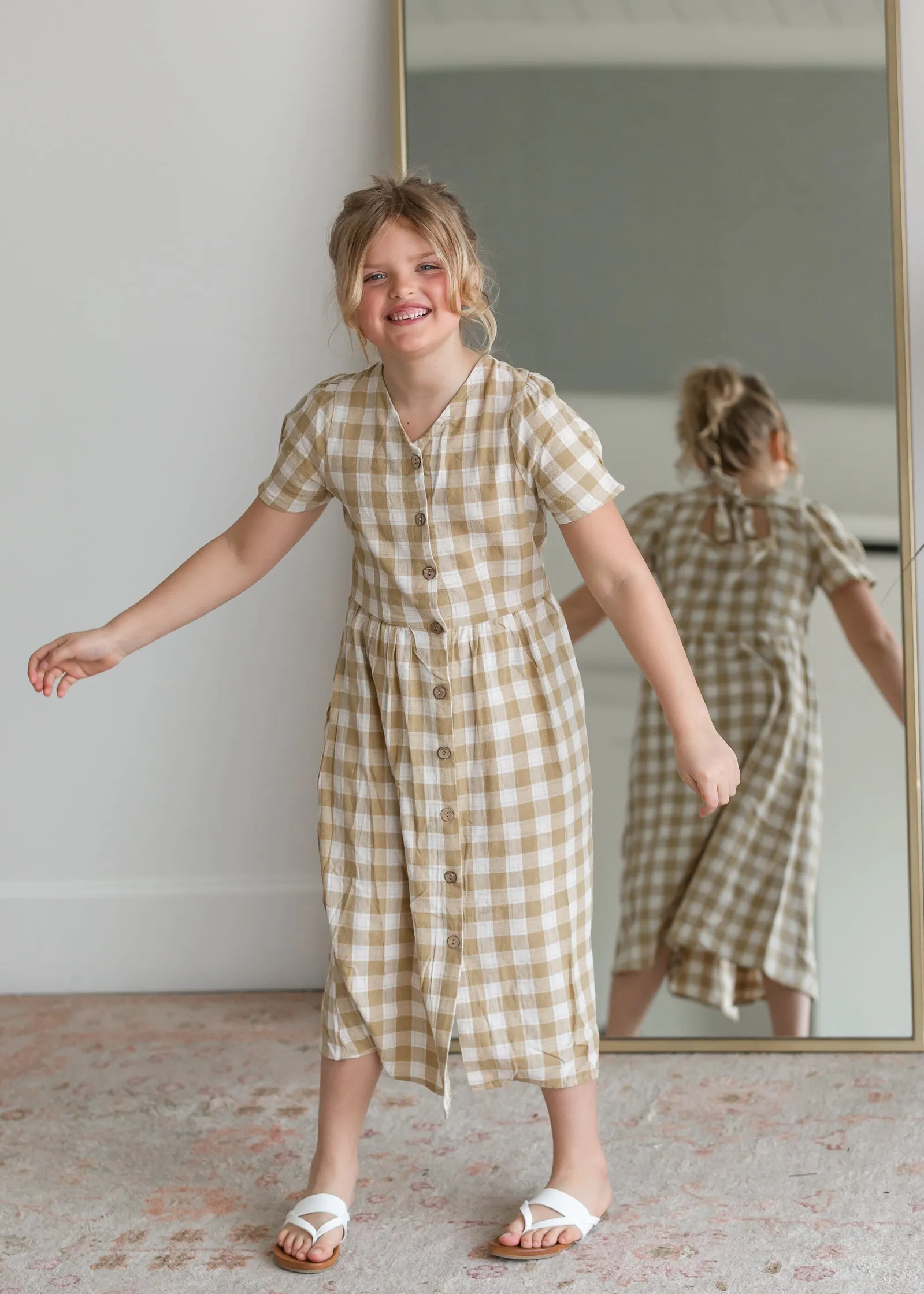 Girls Mustard Gingham Midi Dress - FINAL SALE