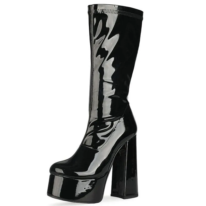 Glossy Black Patent Leather Chunky Heel Knee-high Boots