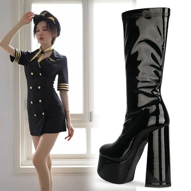 Glossy Black Patent Leather Chunky Heel Knee-high Boots