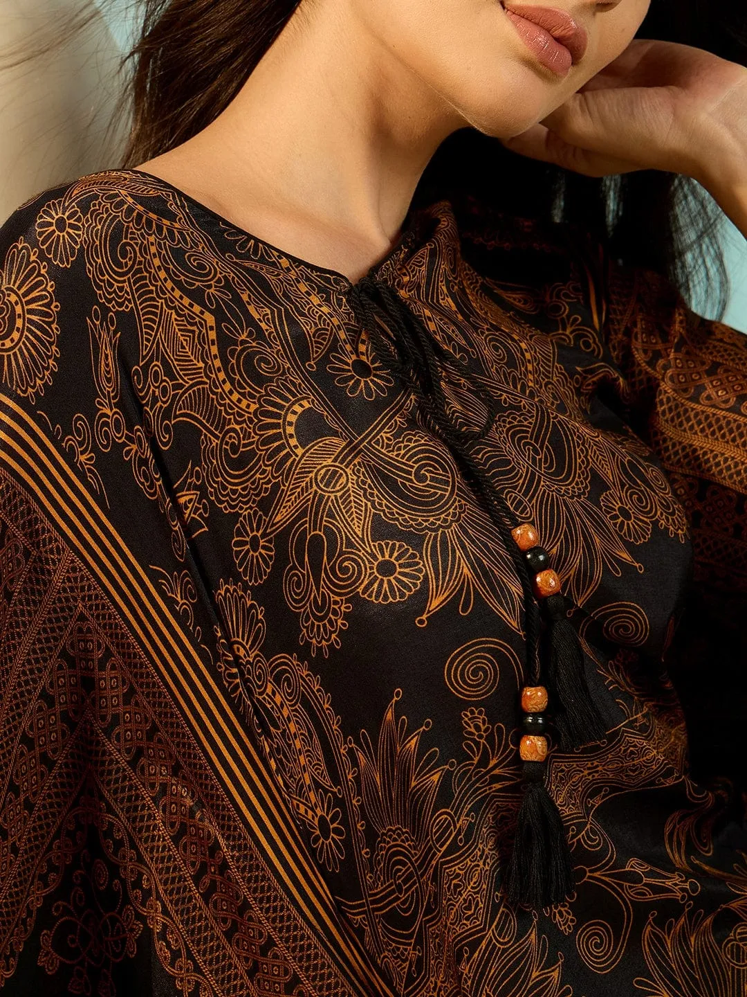 Golden Eclectic Printed Stylish Kaftan Dress For Women