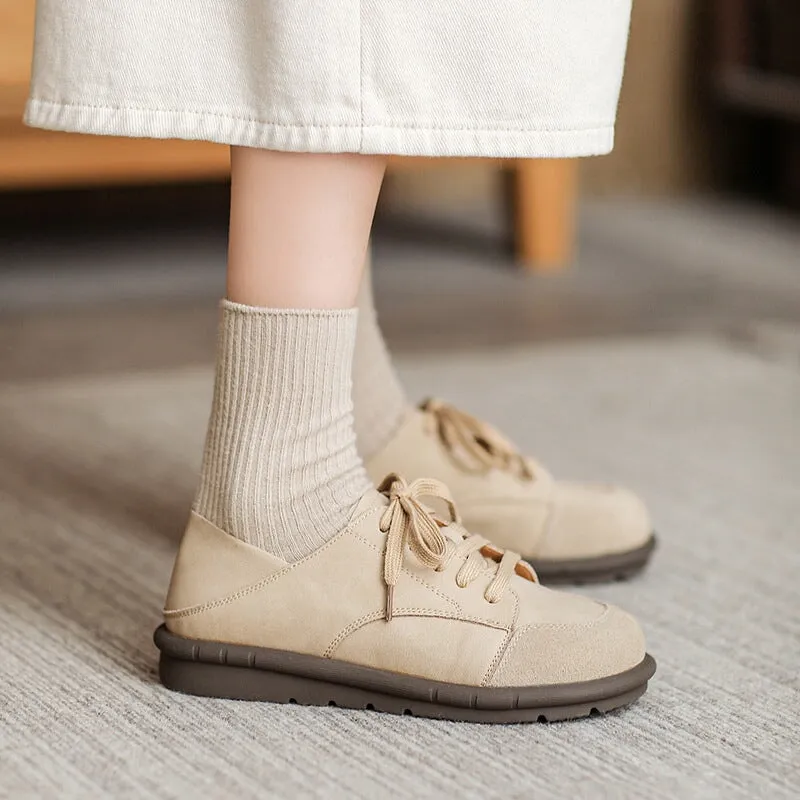 Handmade Soft Leather Oxfords & Tie Flats For Women in Brown/Beige