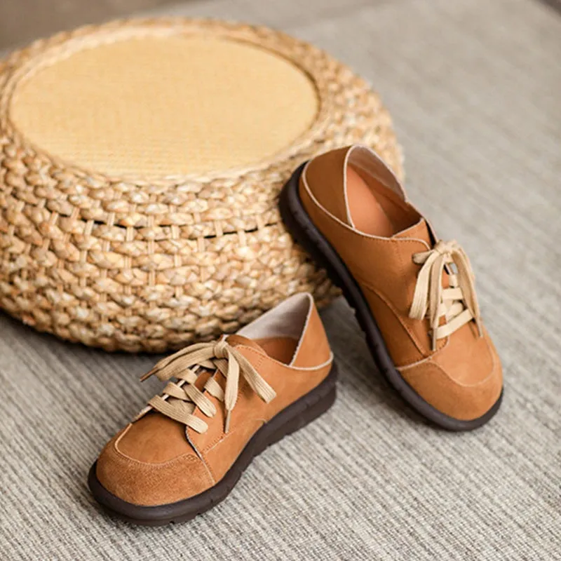 Handmade Soft Leather Oxfords & Tie Flats For Women in Brown/Beige