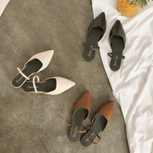 Leather Sharp Corner Nose Cut Heel Flat Classic Sandals