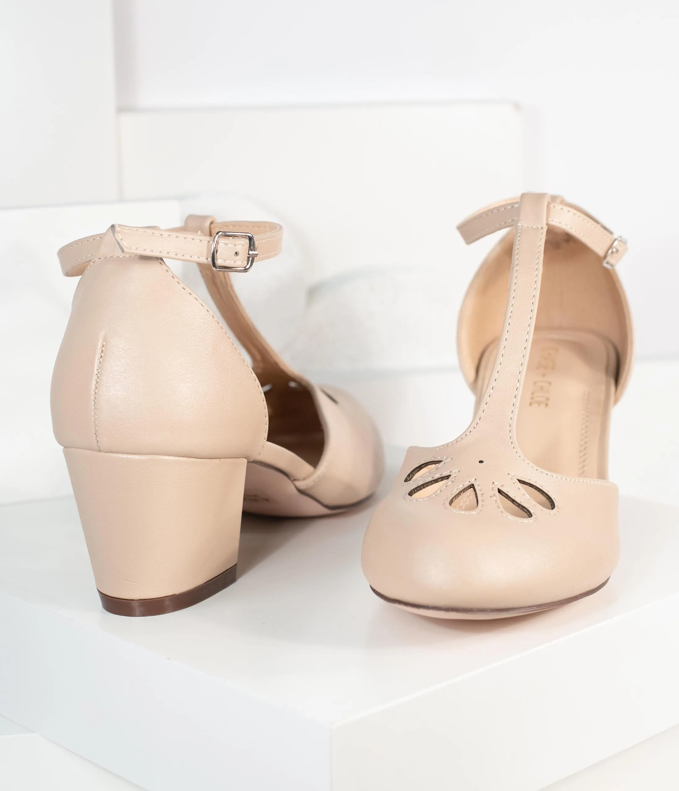 Light Beige Leatherette Minny T-Strap Heels