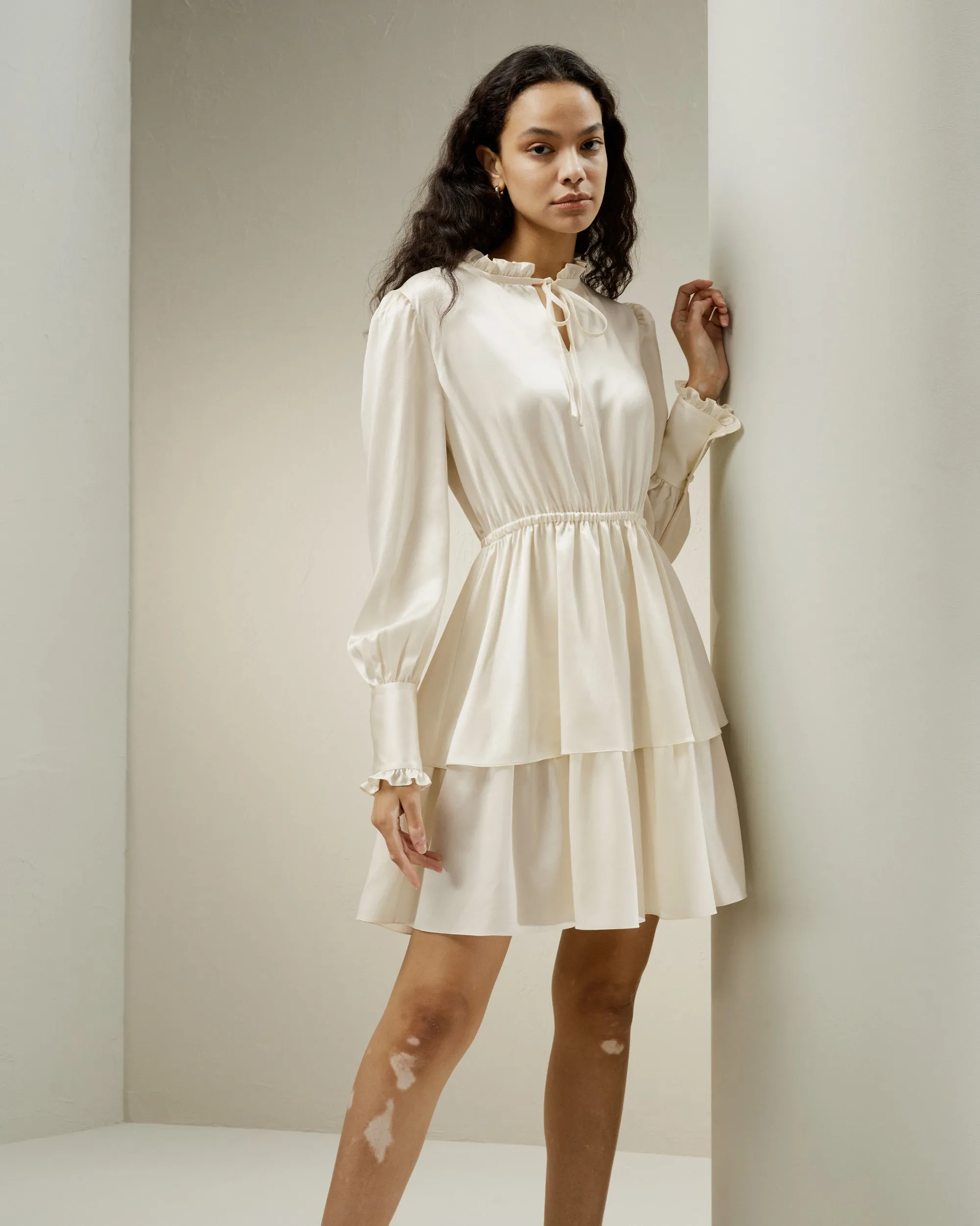 LILYSILK x CHARIS Tie Neck 2 Tiered Mini Dress
