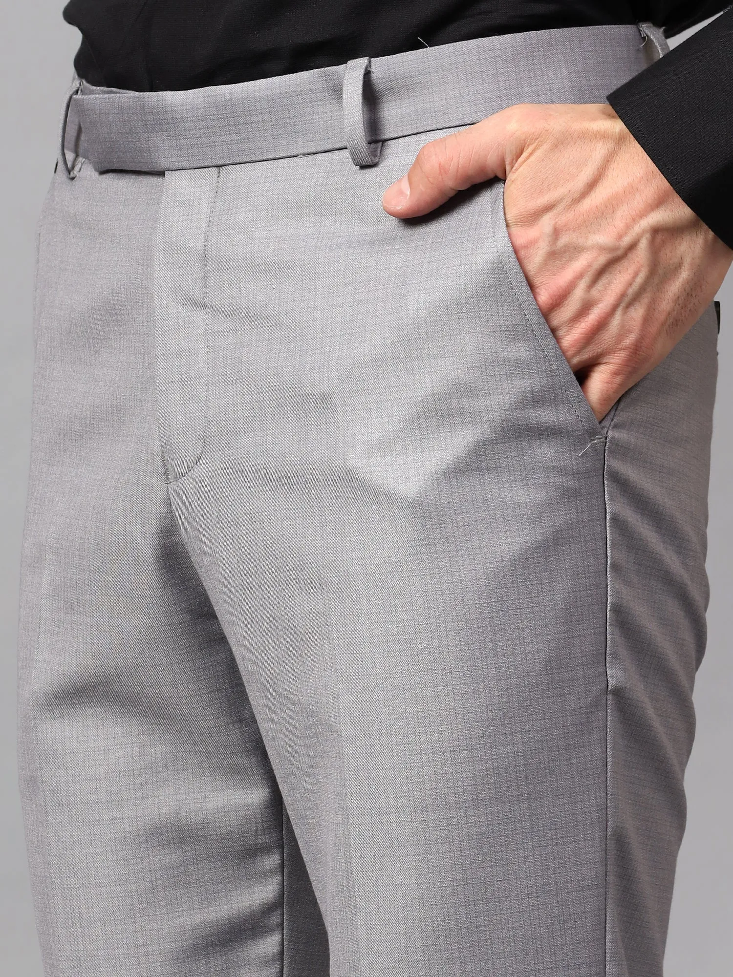 Men's Grey Solid Non-Pleated Formal Trouser