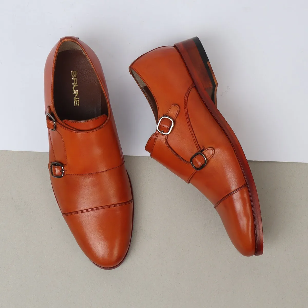 Men's Tan Leather Double Monk With Leather Sole Shoes By Brune & Bareskin