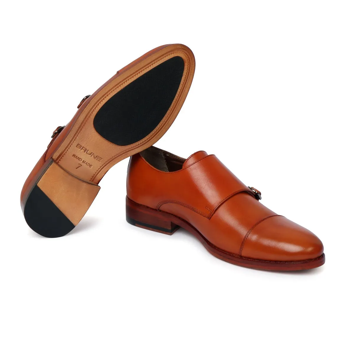 Men's Tan Leather Double Monk With Leather Sole Shoes By Brune & Bareskin